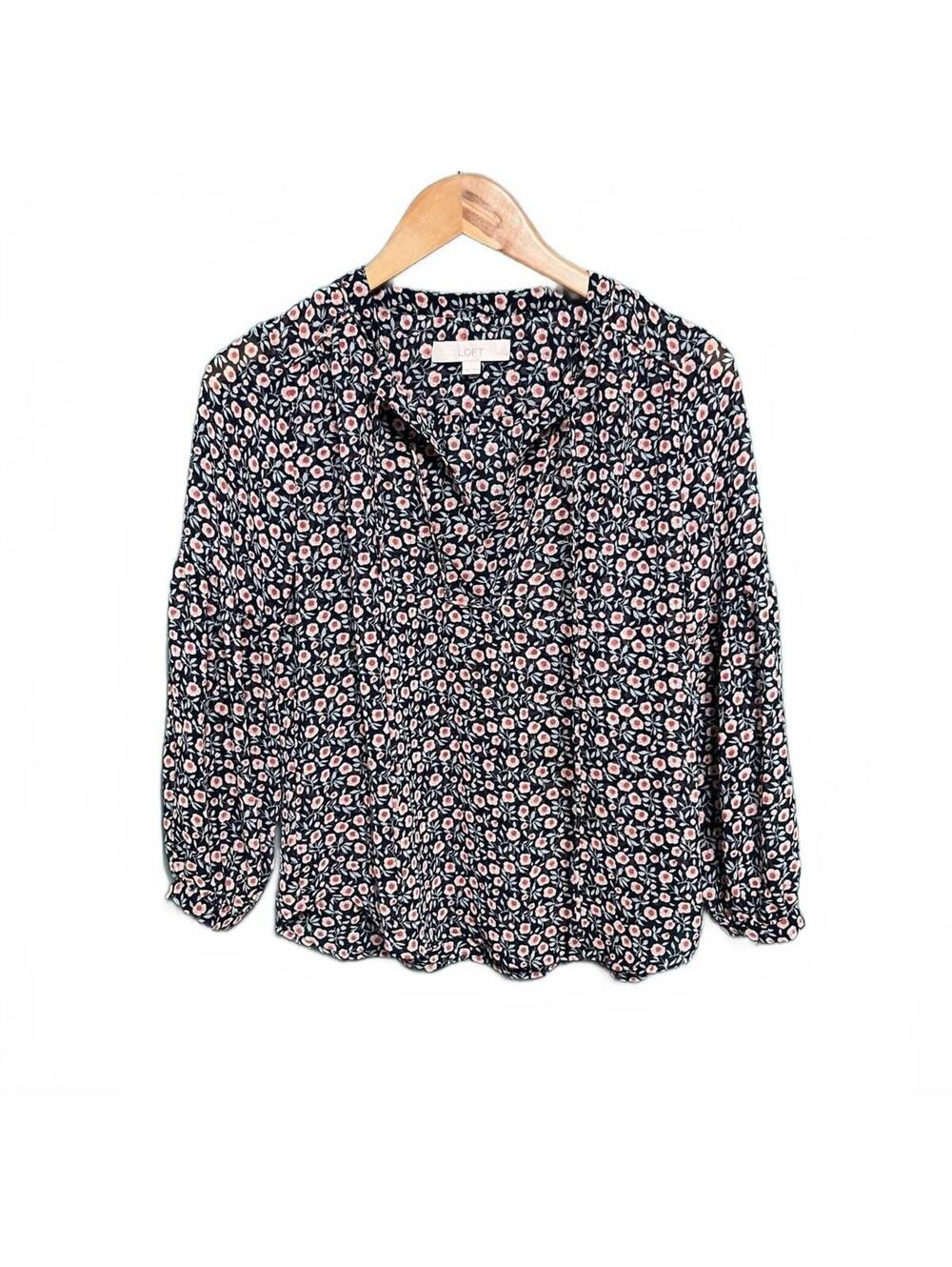 LOFT Floral Print V-Neck Blouse Long Sleeve Casual Workwear Top Size Petite XS